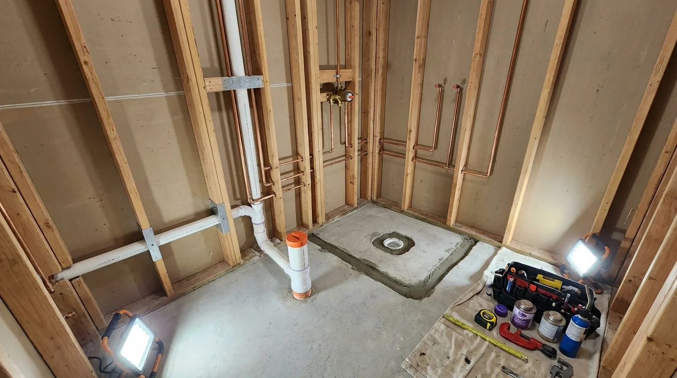 Bathroom rough-in plumbing during remodel by Johns Plumbing LLC in Clarendon
