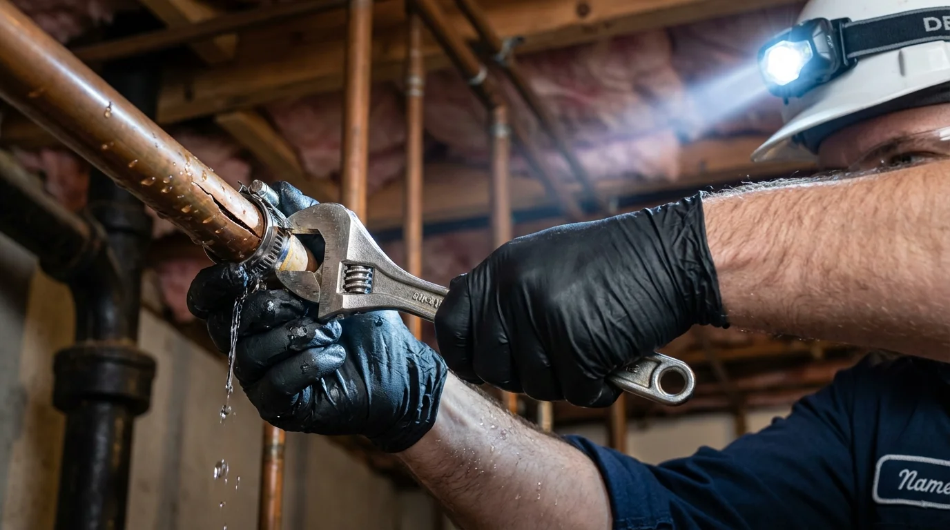Emergency pipe clamp repair being performed by a Johns Plumbing LLC plumber in Clarendon
