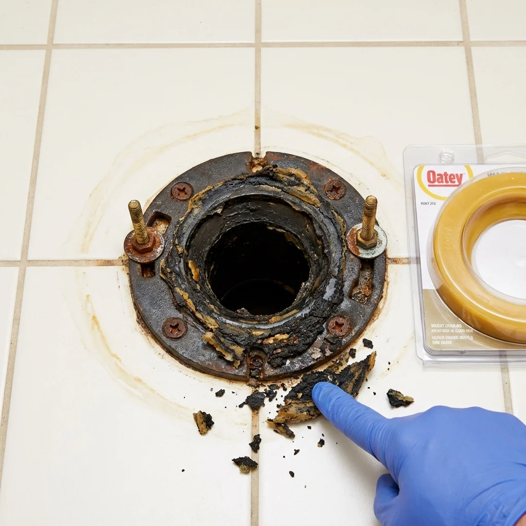 Failed wax ring showing water seepage at the base of a toilet in a Clarendon, AR home