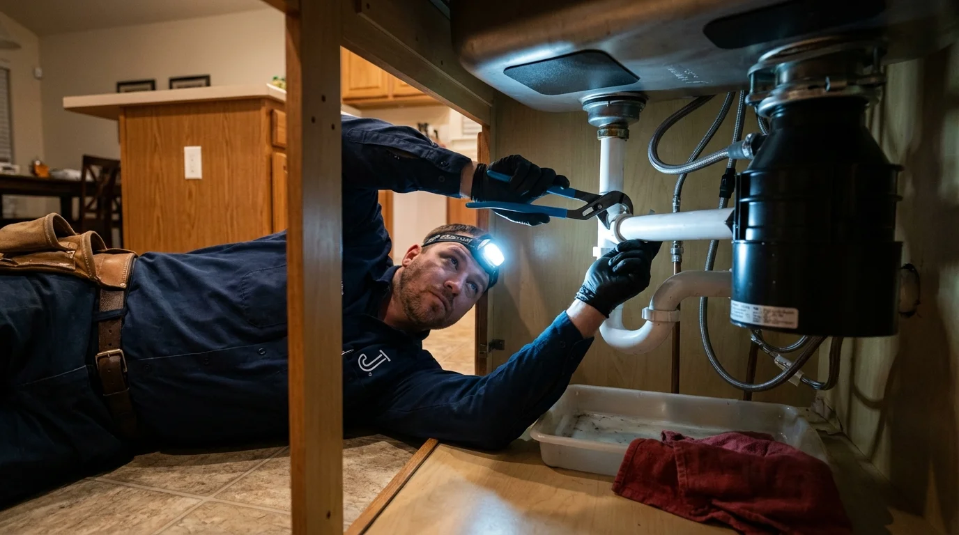 P-trap and supply line connections under a kitchen sink showing a common leak point in Clarendon, AR
